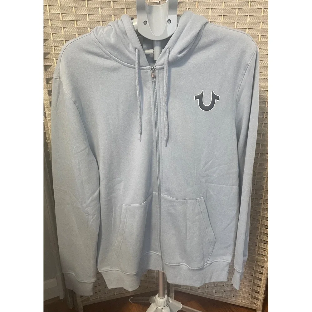 True Religion Mens OBB Full Zip Hoodie Dusty Blue Horseshoe Logo  Large